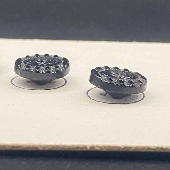 Antique Black Glass Buttons Set Of 3 Victorian Jet Floral Design Self Shank - Picture 4 of 8